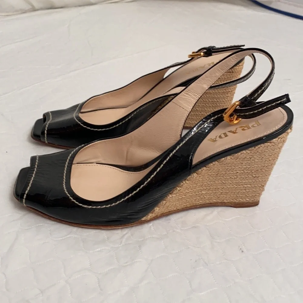 Prada open toe patent leather espadrille wedges